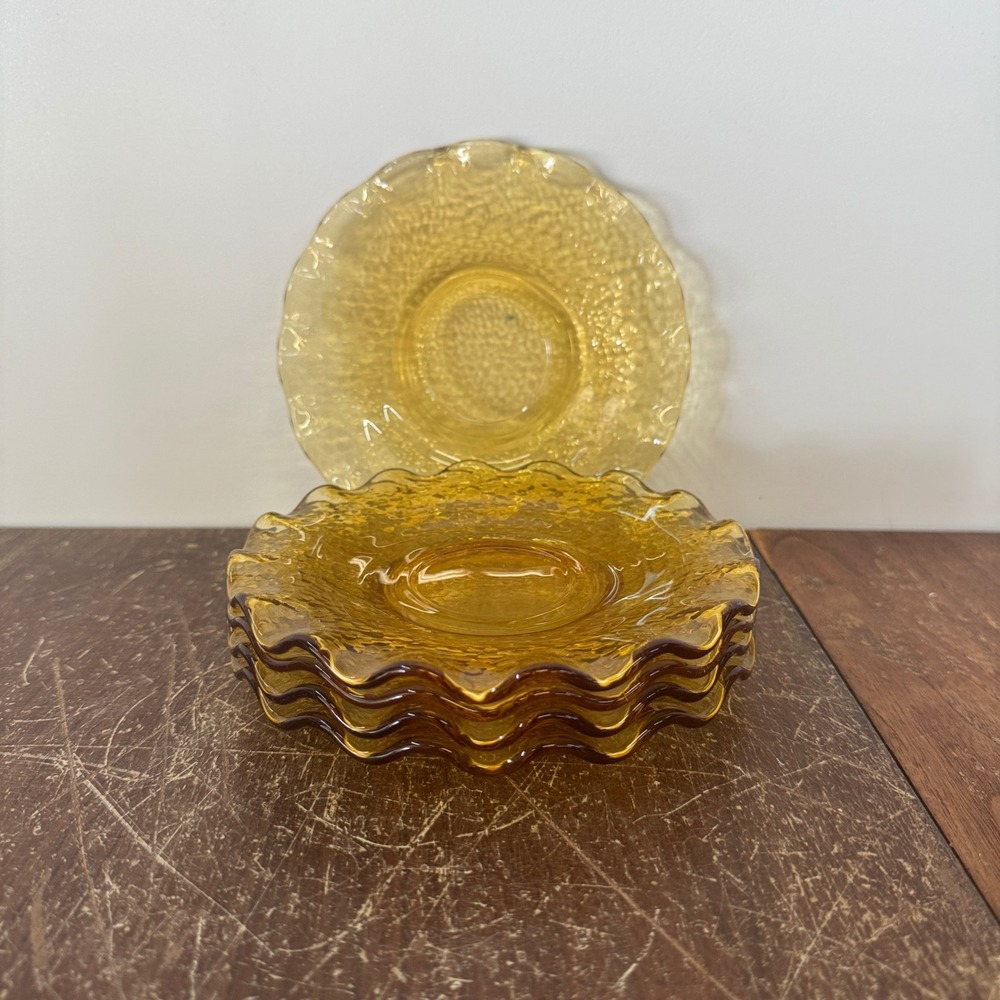 Vintage Mid-Century MCM Hazelware Yellow Glass Saucers Pebbled Ruffle Edge